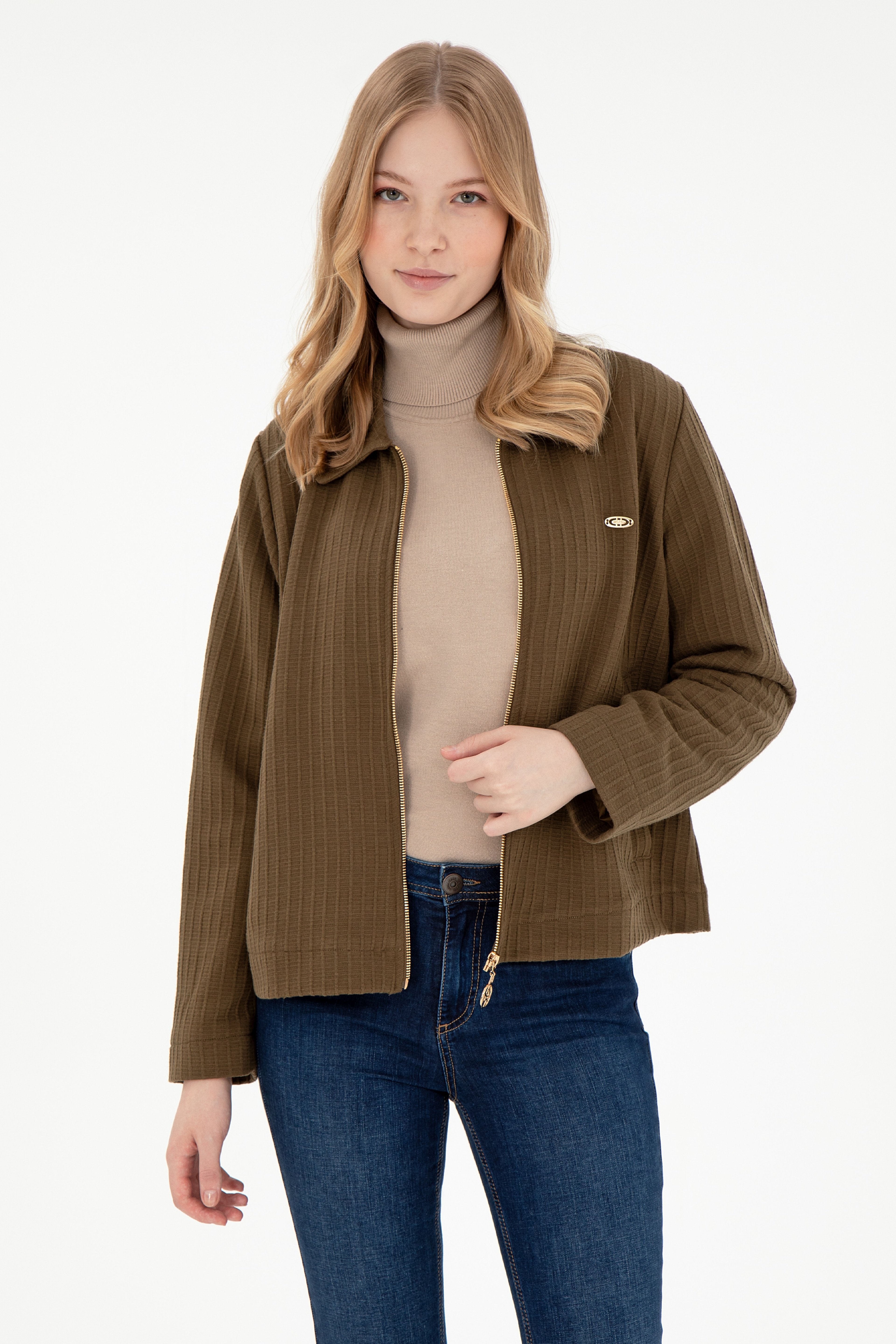 Kadın Haki Fermuarlı Polo Yaka Sweatshirt - Image 1
