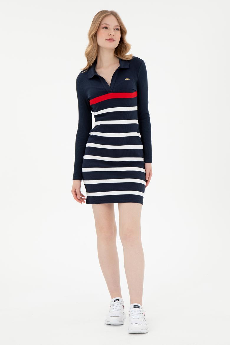 Kadın Lacivert Çizgili Polo Yaka Mini Boy Örme Elbise - 50299045005