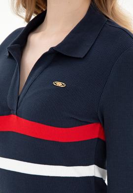 Kadın Lacivert Çizgili Polo Yaka Mini Boy Örme Elbise - 50299045005