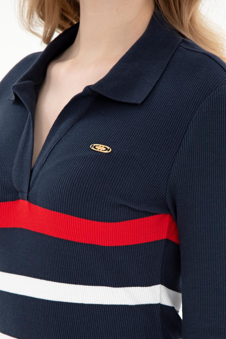 Kadın Lacivert Çizgili Polo Yaka Mini Boy Örme Elbise - 50299045005