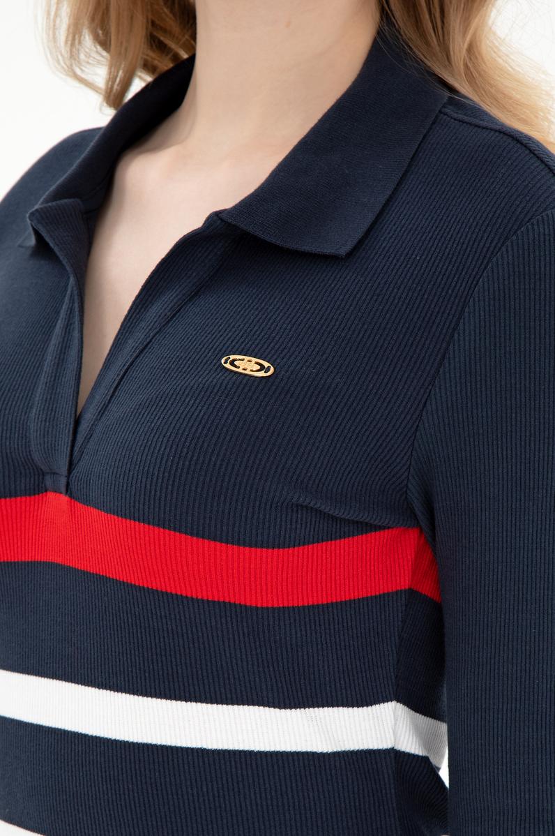 Kadın Lacivert Çizgili Polo Yaka Mini Boy Örme Elbise