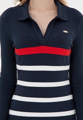 Kadın Lacivert Çizgili Polo Yaka Mini Boy Örme Elbise - 50299045005