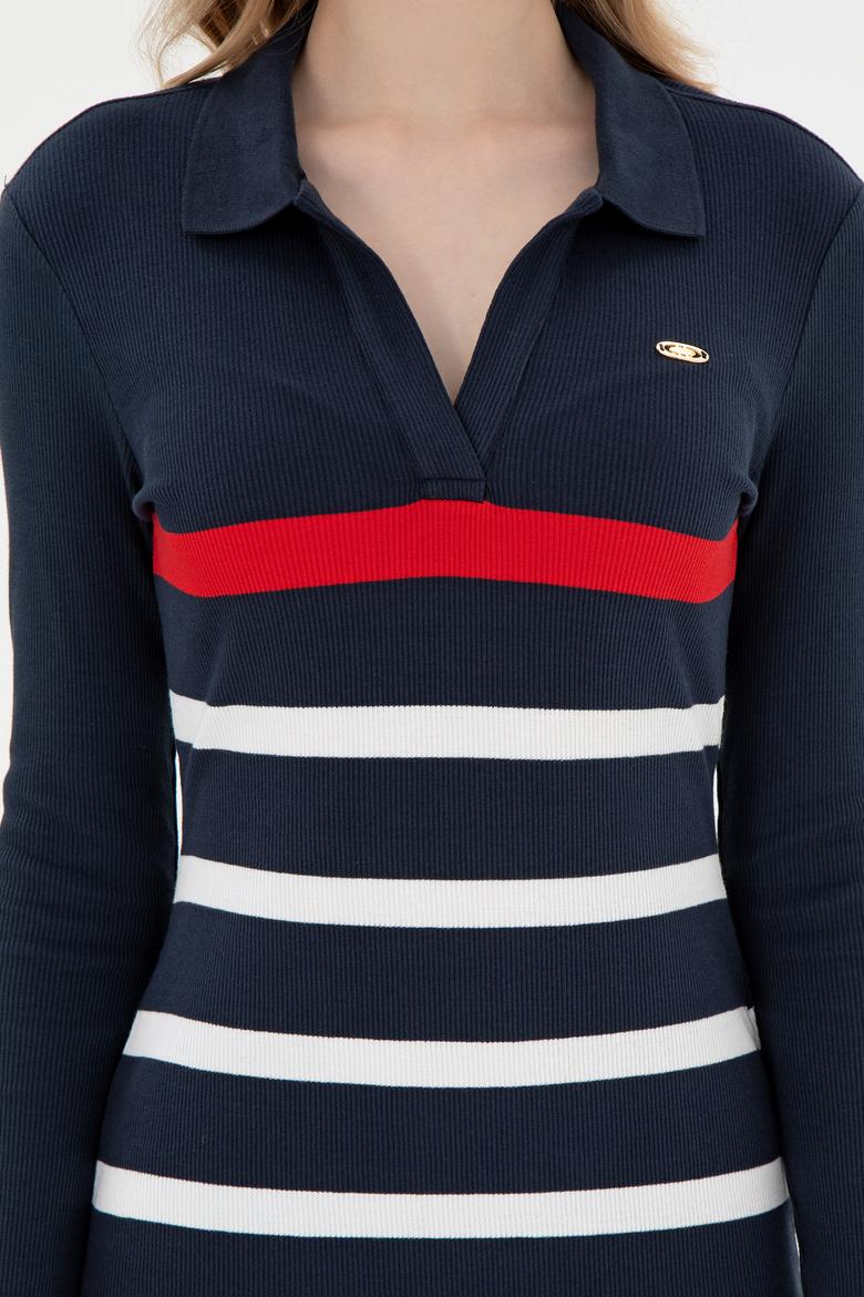 Kadın Lacivert Çizgili Polo Yaka Mini Boy Örme Elbise - 50299045005