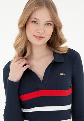 Kadın Lacivert Çizgili Polo Yaka Mini Boy Örme Elbise - 50299045005