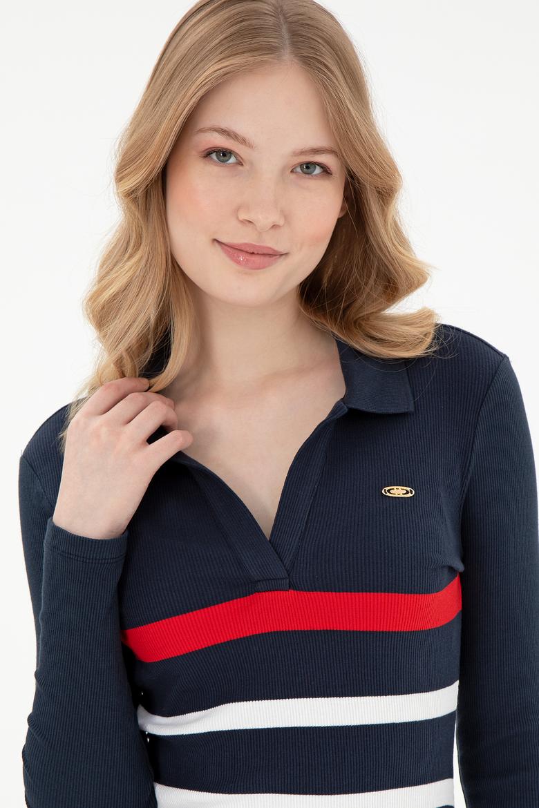 Kadın Lacivert Çizgili Polo Yaka Mini Boy Örme Elbise - 50299045005