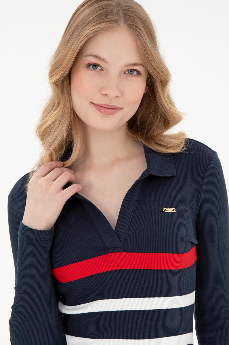 Kadın Lacivert Çizgili Polo Yaka Mini Boy Örme Elbise