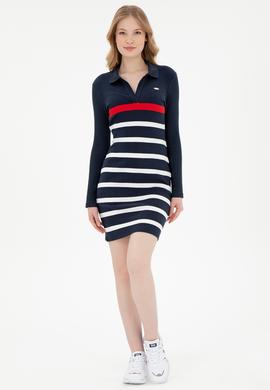 Kadın Lacivert Çizgili Polo Yaka Mini Boy Örme Elbise - 50299045005