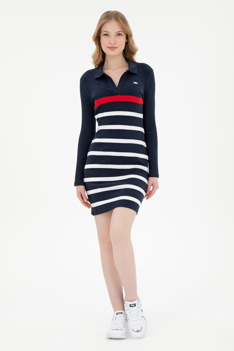 Kadın Lacivert Çizgili Polo Yaka Mini Boy Örme Elbise