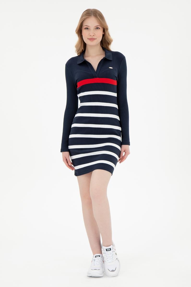 Kadın Lacivert Çizgili Polo Yaka Mini Boy Örme Elbise