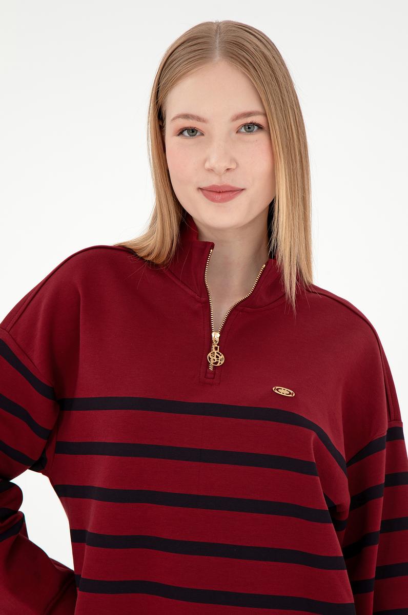 Kadın Bordo Fermuarlı Dik Yaka Sweathirt