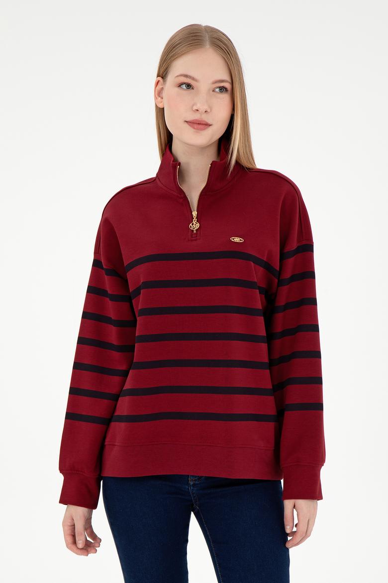 Kadın Bordo Fermuarlı Dik Yaka Sweathirt