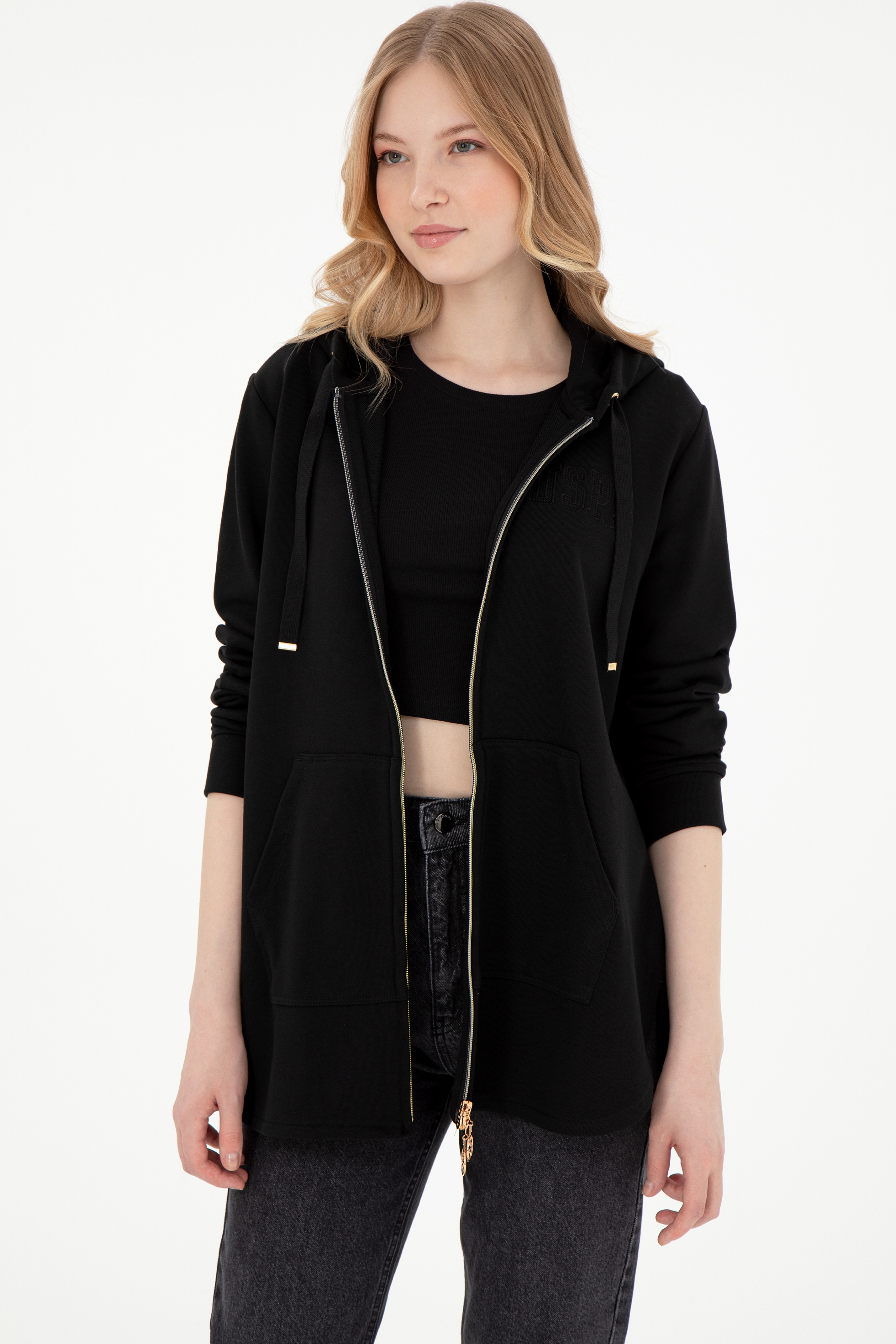 Kadın Siyah Kapüşonlu Sweatshirt - Image 3
