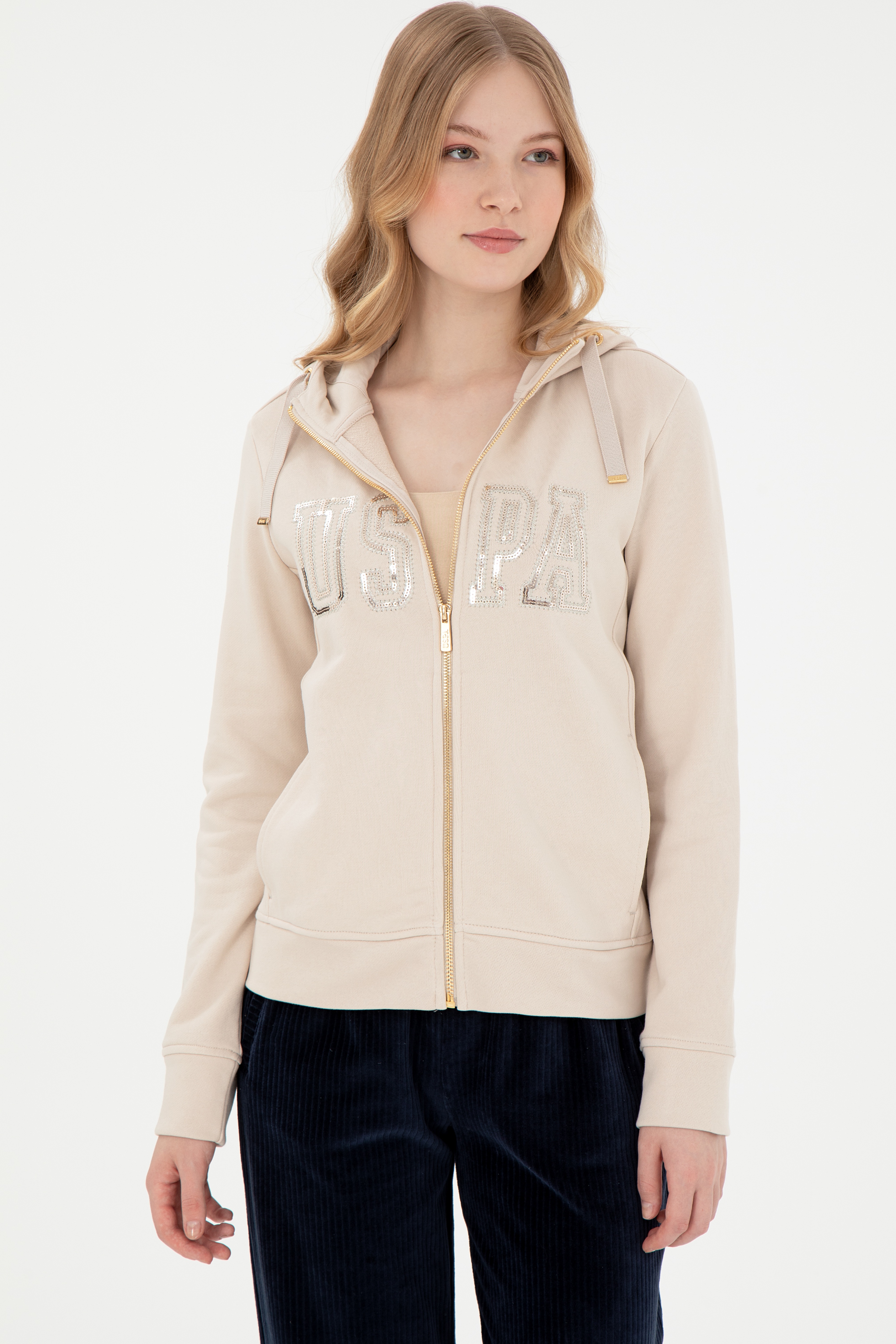 Kadın Taş Kapüşonlu Fermuarlı Sweatshirt