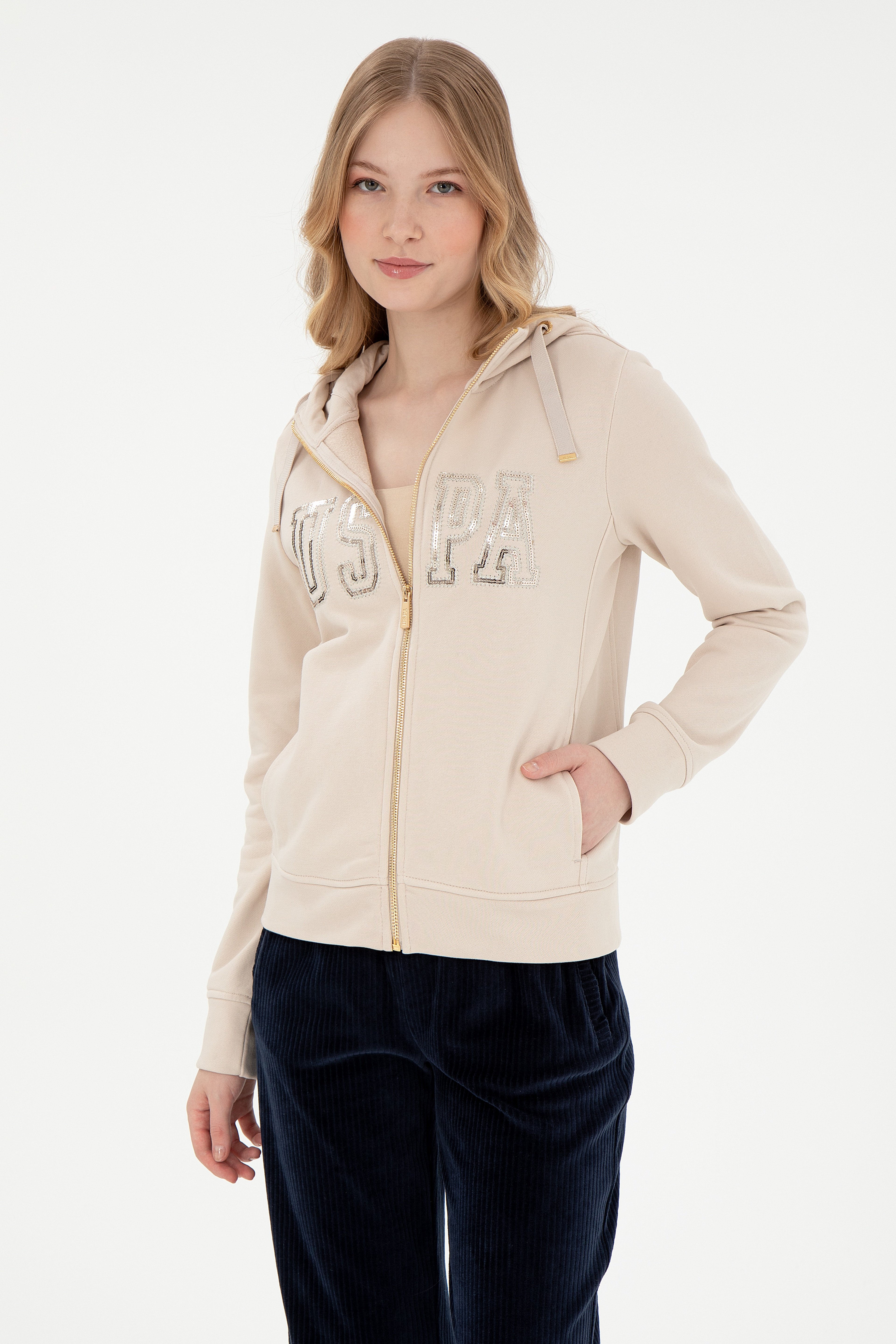 Kadın Taş Kapüşonlu Fermuarlı Sweatshirt - Image 1