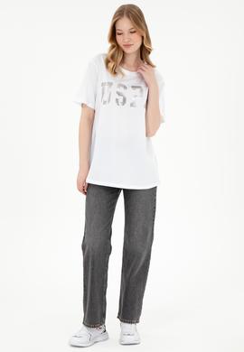 Kadın Beyaz Bisiklet Yaka Basic Tişört - 50300850009