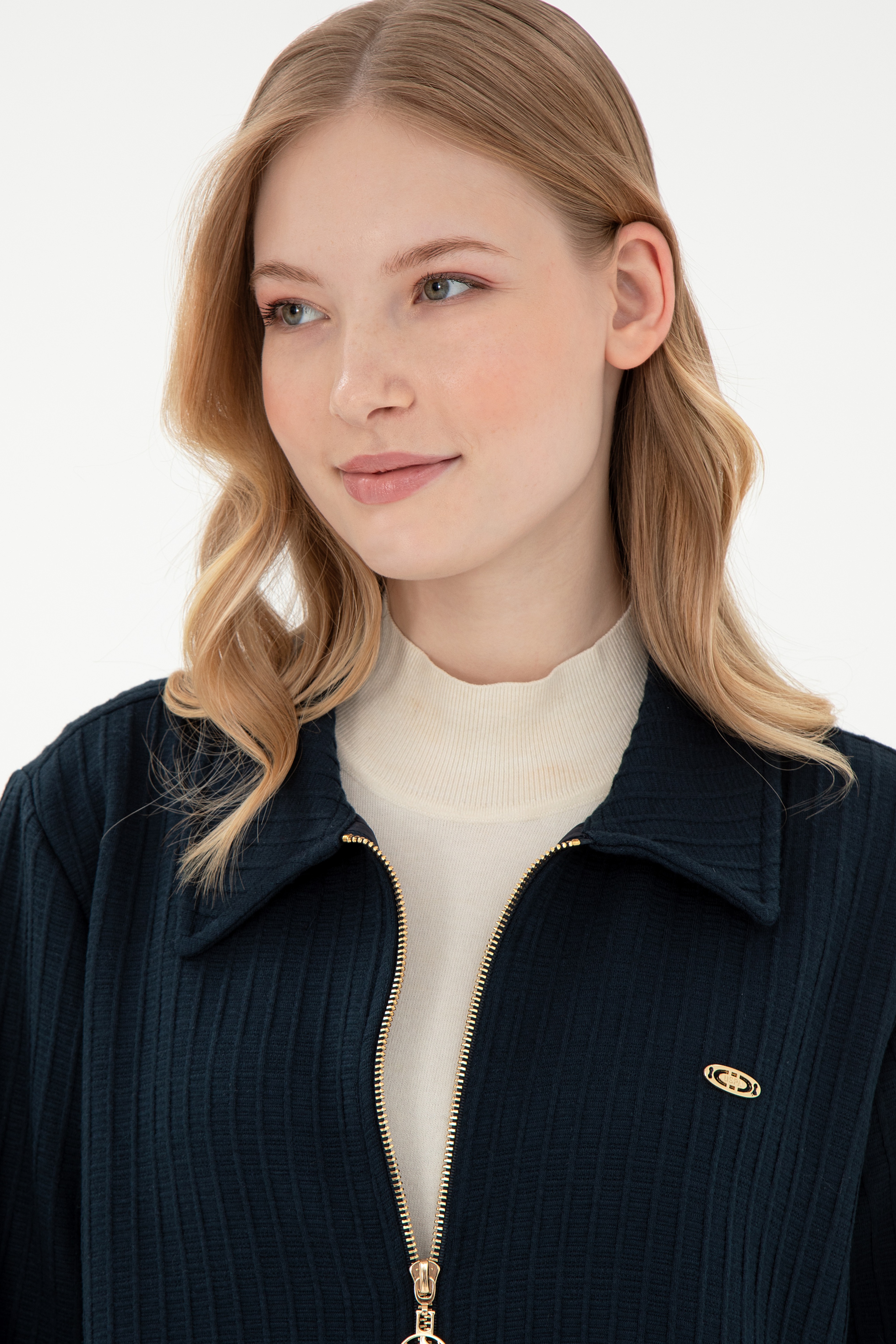 Kadın Lacivert Fermuarlı Polo Yaka Sweatshirt