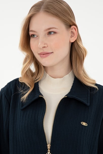 Kadın Lacivert Fermuarlı Polo Yaka Sweatshirt