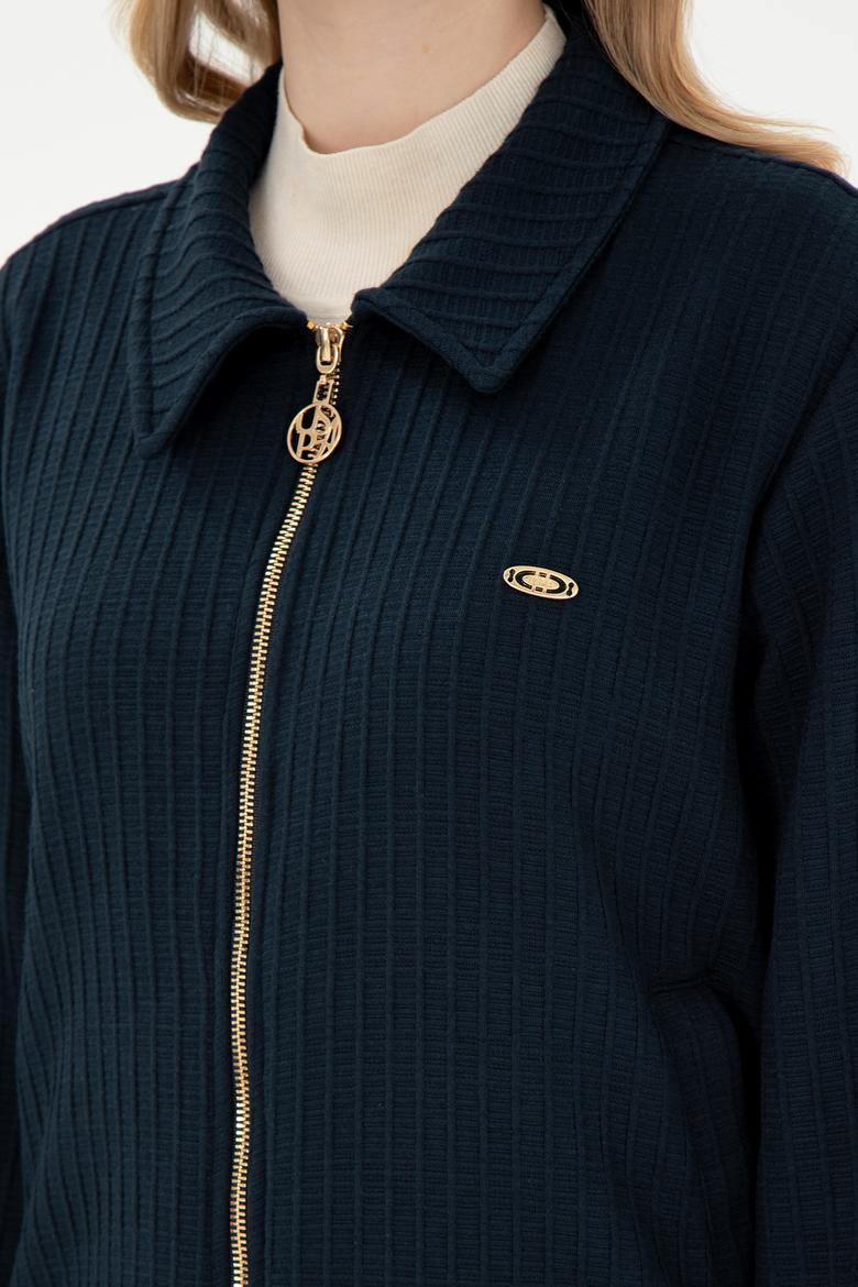 Kadın Lacivert Fermuarlı Polo Yaka Sweatshirt - 50295811012