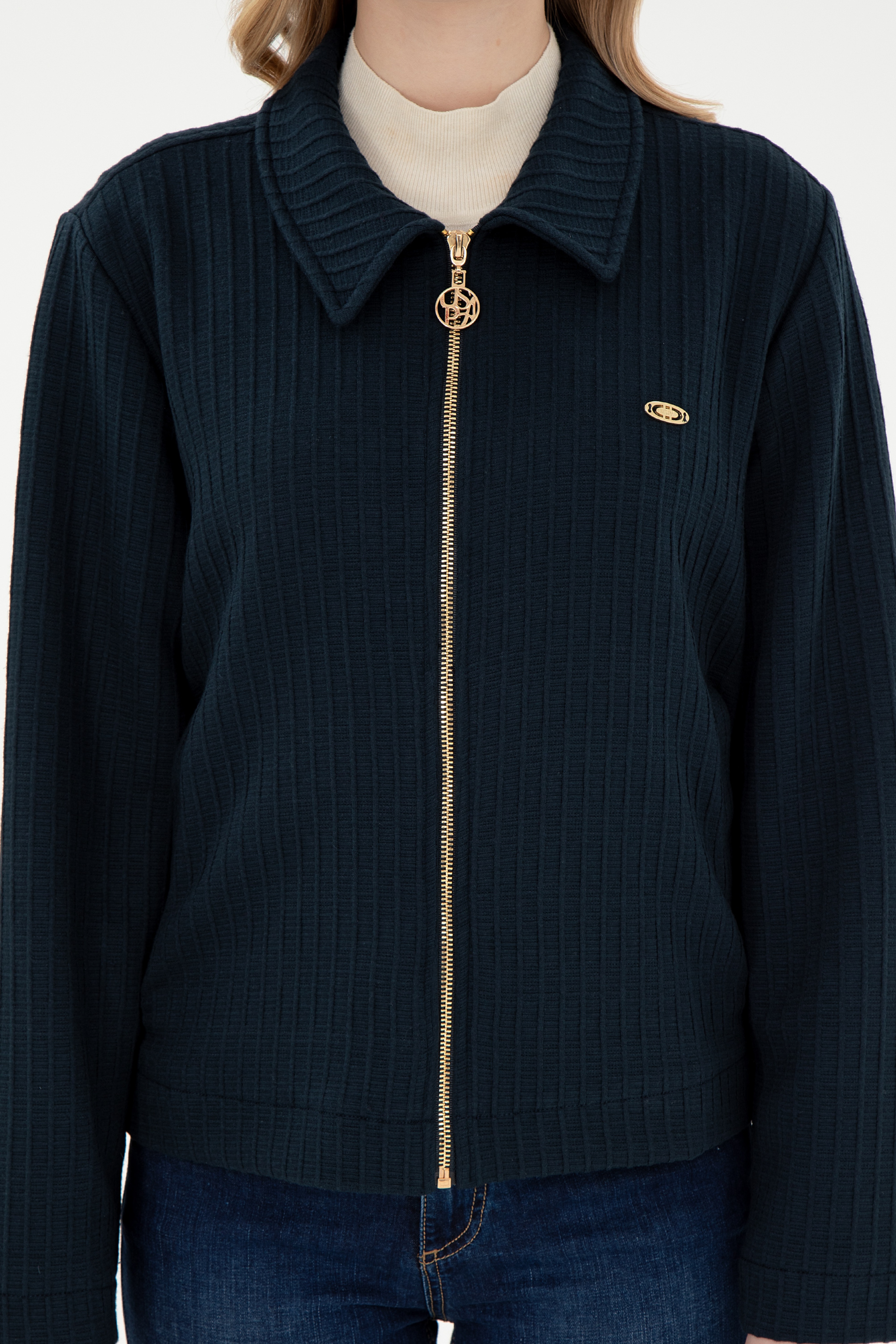 Kadın Lacivert Fermuarlı Polo Yaka Sweatshirt - Image 6