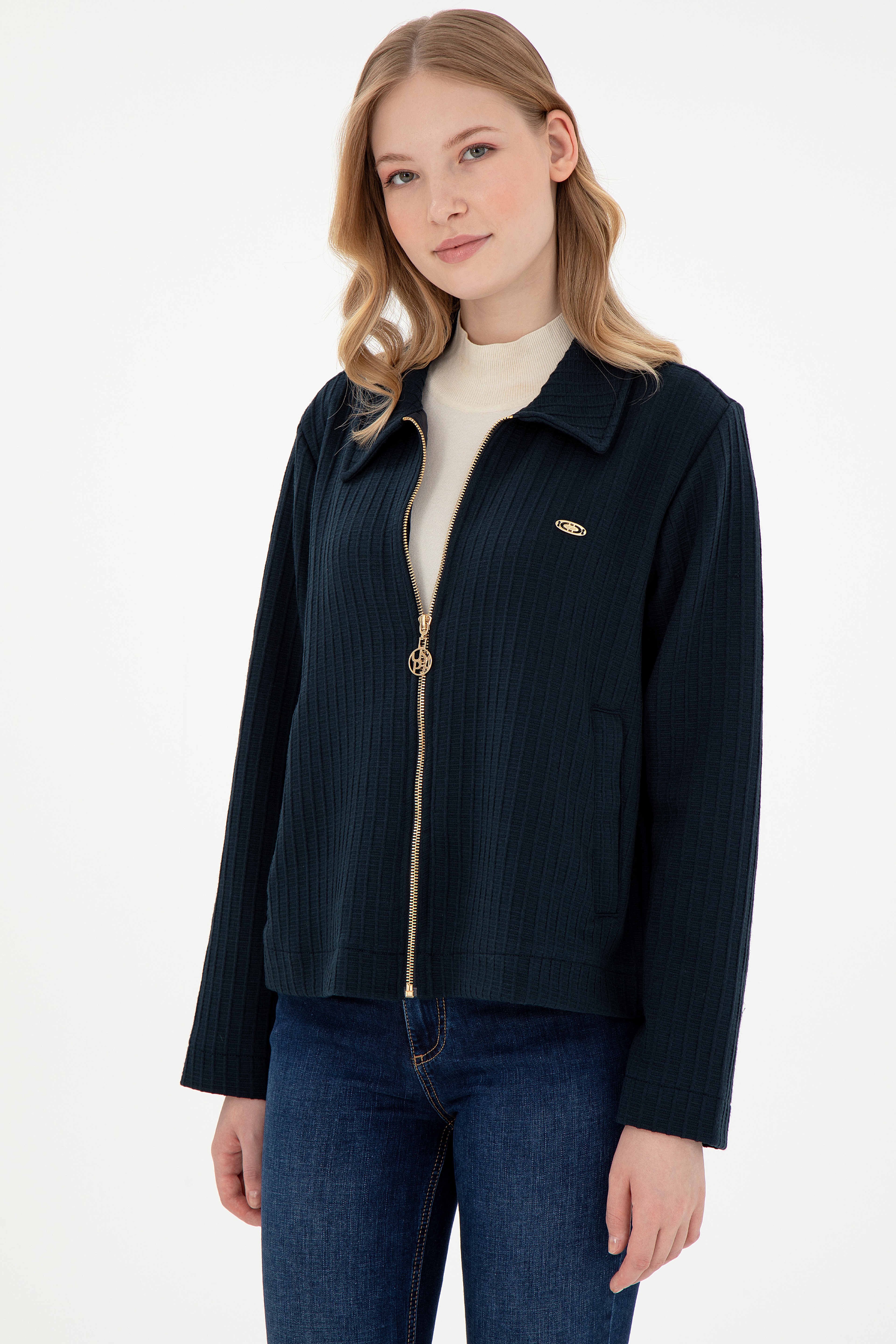 Kadın Lacivert Fermuarlı Polo Yaka Sweatshirt