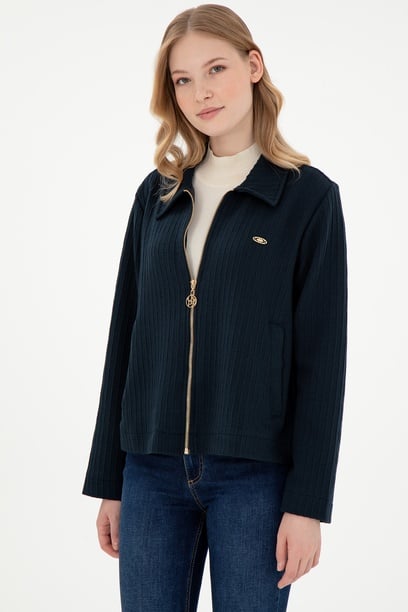 Kadın Lacivert Fermuarlı Polo Yaka Sweatshirt