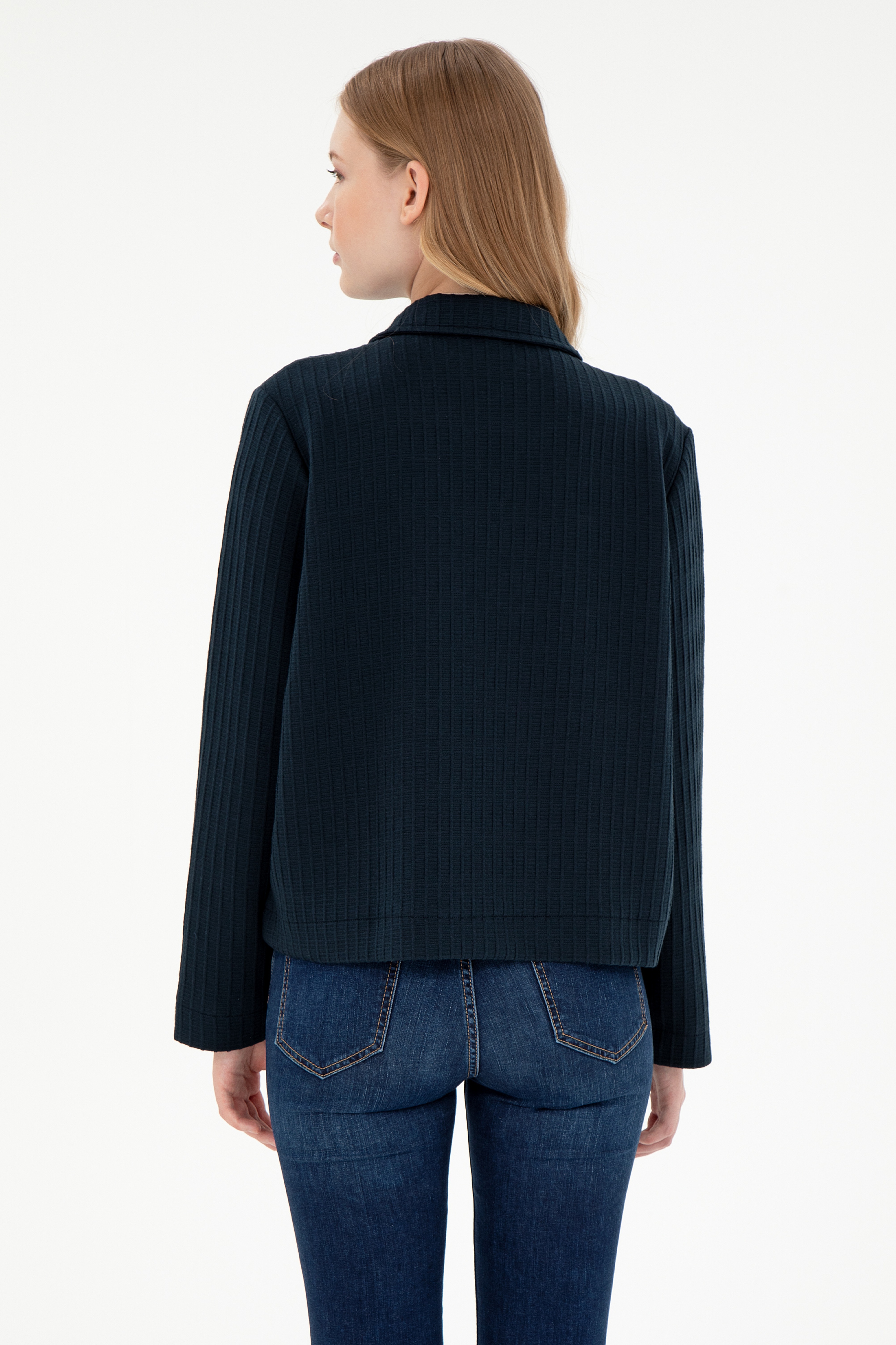 Kadın Lacivert Fermuarlı Polo Yaka Sweatshirt - Image 5