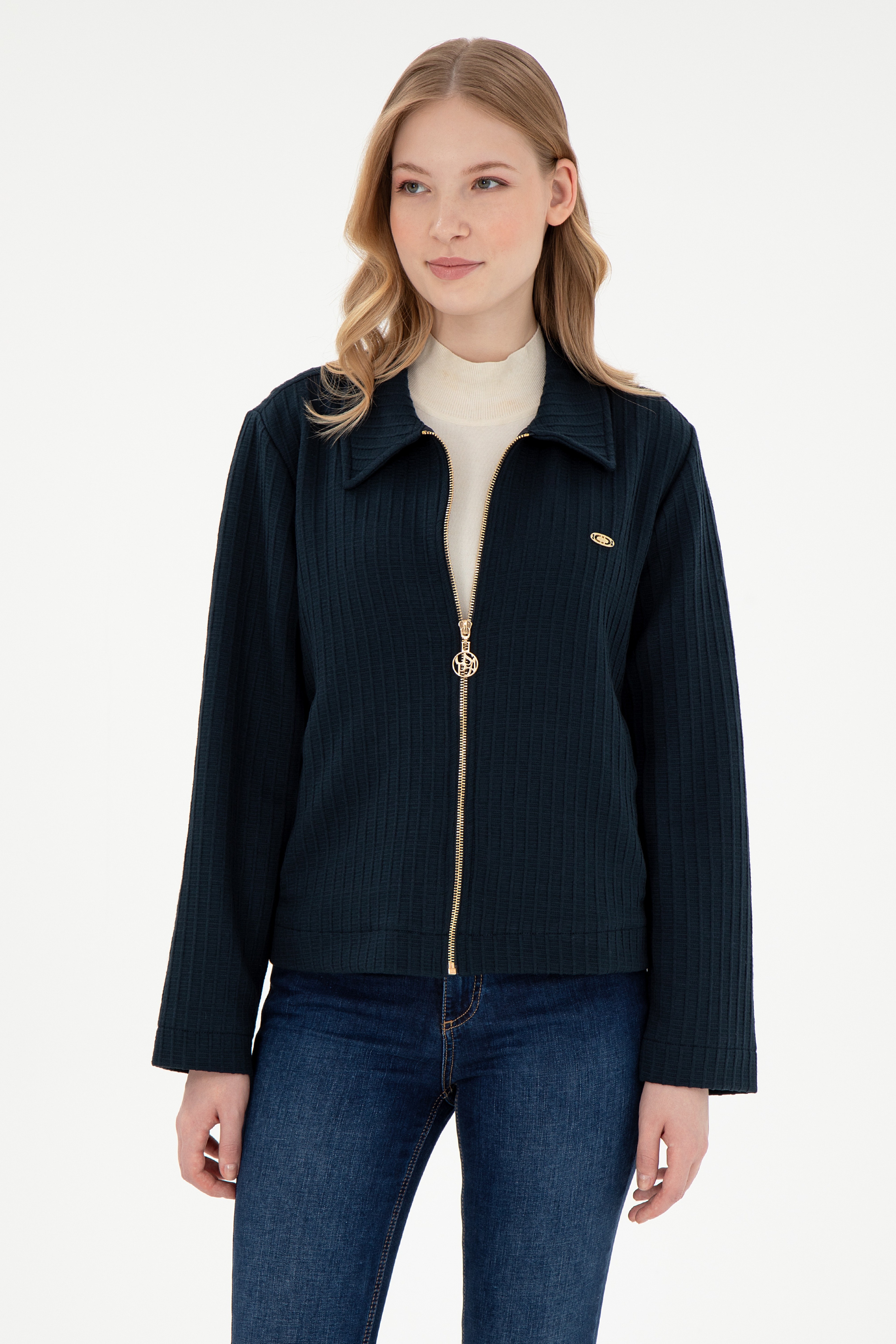Kadın Lacivert Fermuarlı Polo Yaka Sweatshirt - Image 1