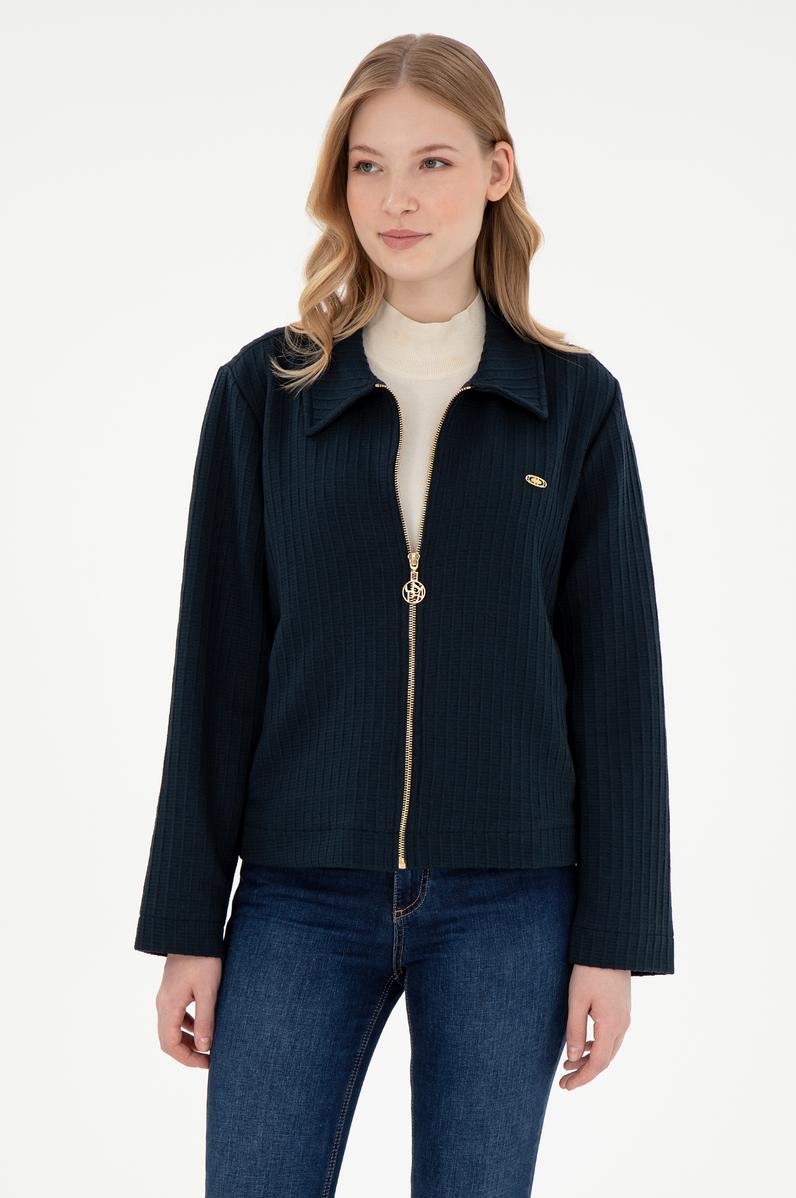 Kadın Lacivert Fermuarlı Polo Yaka Sweatshirt