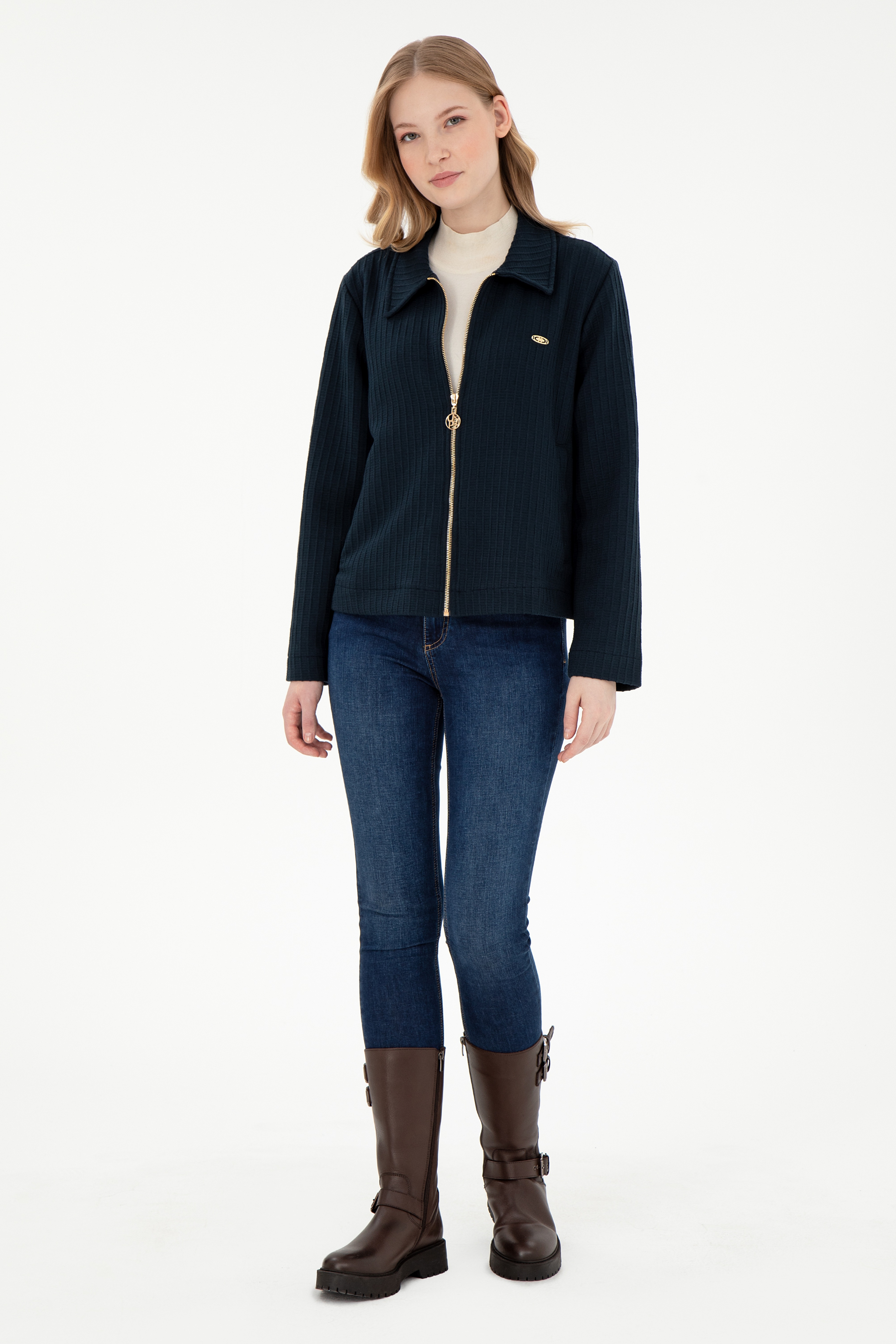Kadın Lacivert Fermuarlı Polo Yaka Sweatshirt - Image 4