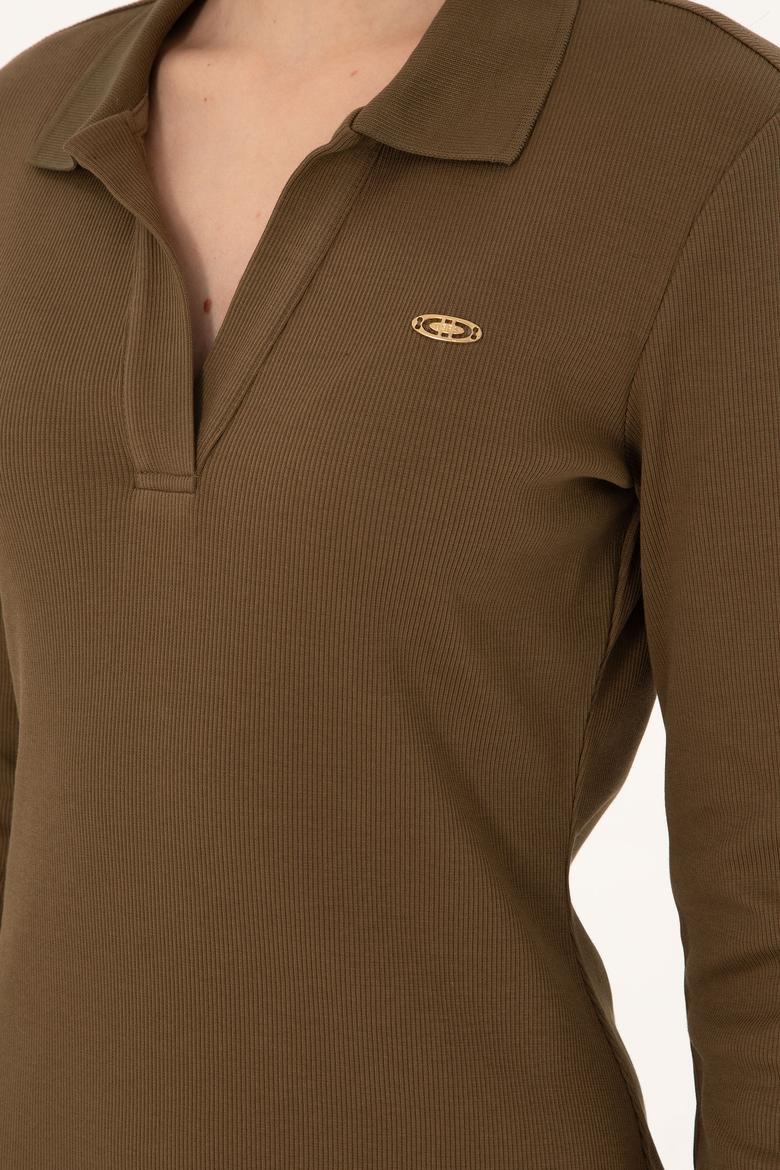 Kadın Haki Polo Yaka Mini Boy Örme Elbise - 50299041006