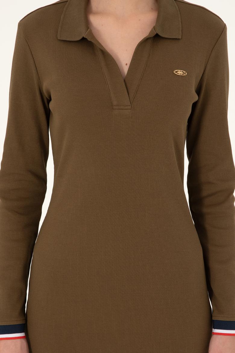 Kadın Haki Polo Yaka Mini Boy Örme Elbise - 50299041006