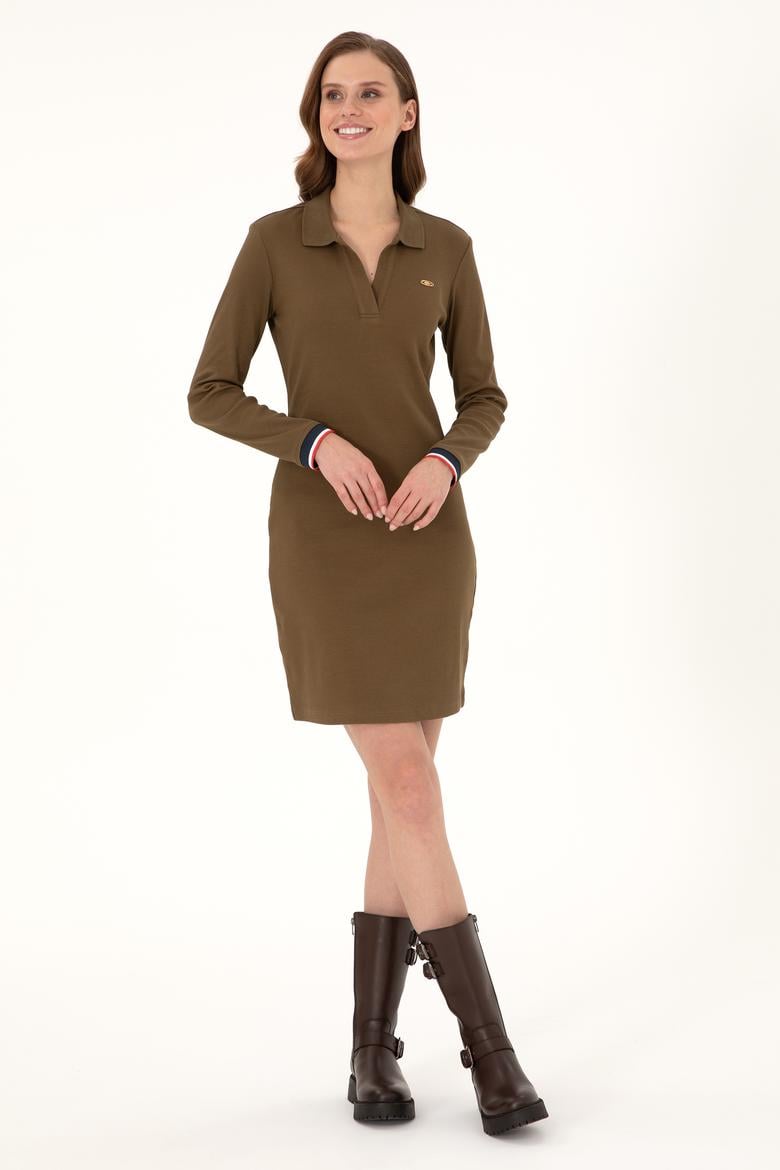 Kadın Haki Polo Yaka Mini Boy Örme Elbise - 50299041006