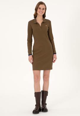 Kadın Haki Polo Yaka Mini Boy Örme Elbise - 50299041006
