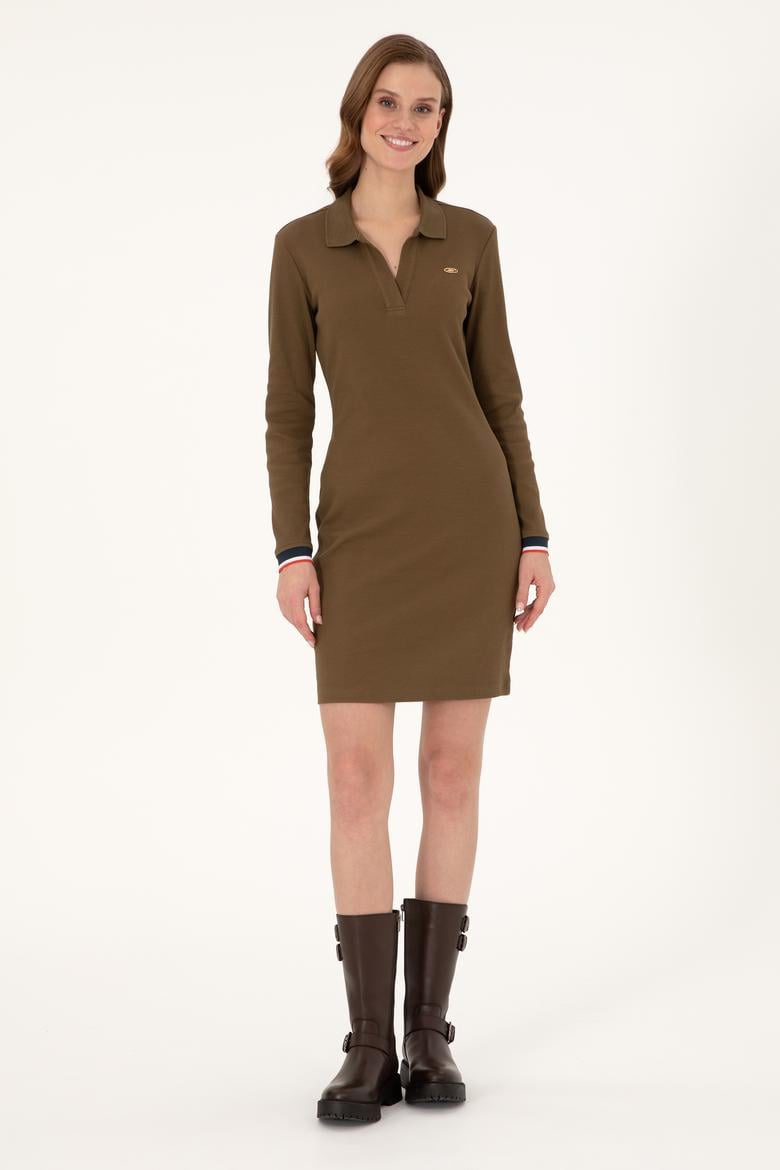 Kadın Haki Polo Yaka Mini Boy Örme Elbise