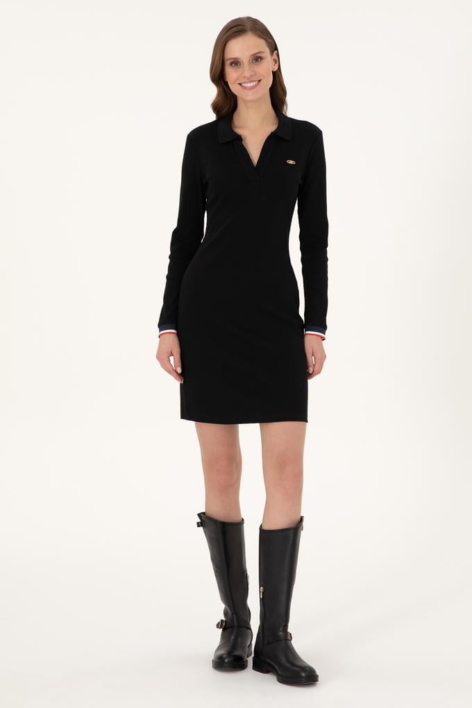 Kadın Siyah Polo Yaka Mini Boy Örme Elbise