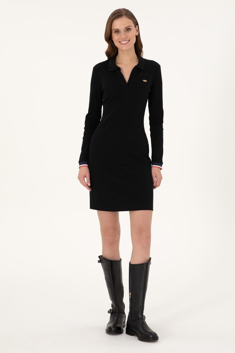 Kadın Siyah Polo Yaka Mini Boy Örme Elbise