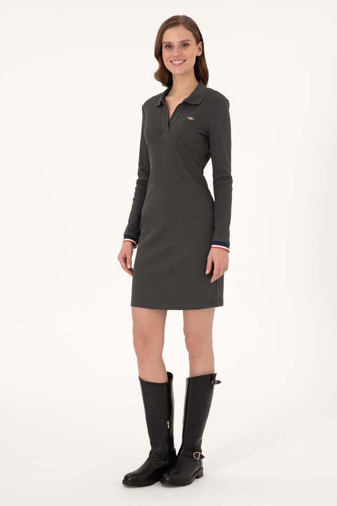 Kadın Antrasit Polo Yaka Mini Boy Örme Elbise
