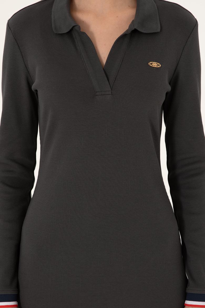 Kadın Antrasit Polo Yaka Mini Boy Örme Elbise - 50299041024