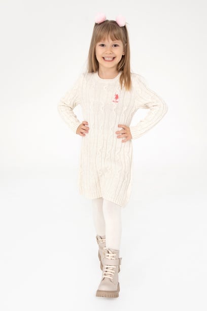 Kız Çocuk Krem Melanj Bisiklet Yaka Triko Elbise