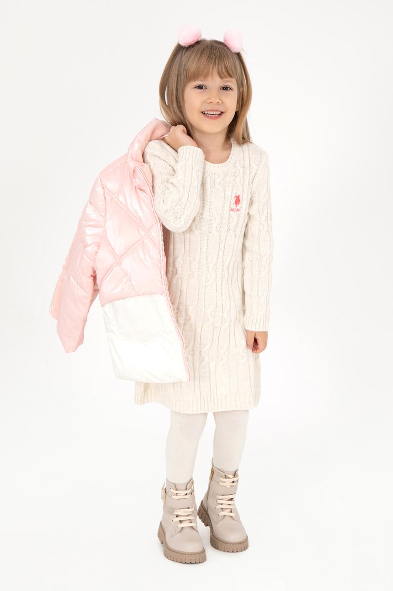 Kız Çocuk Krem Melanj Bisiklet Yaka Triko Elbise