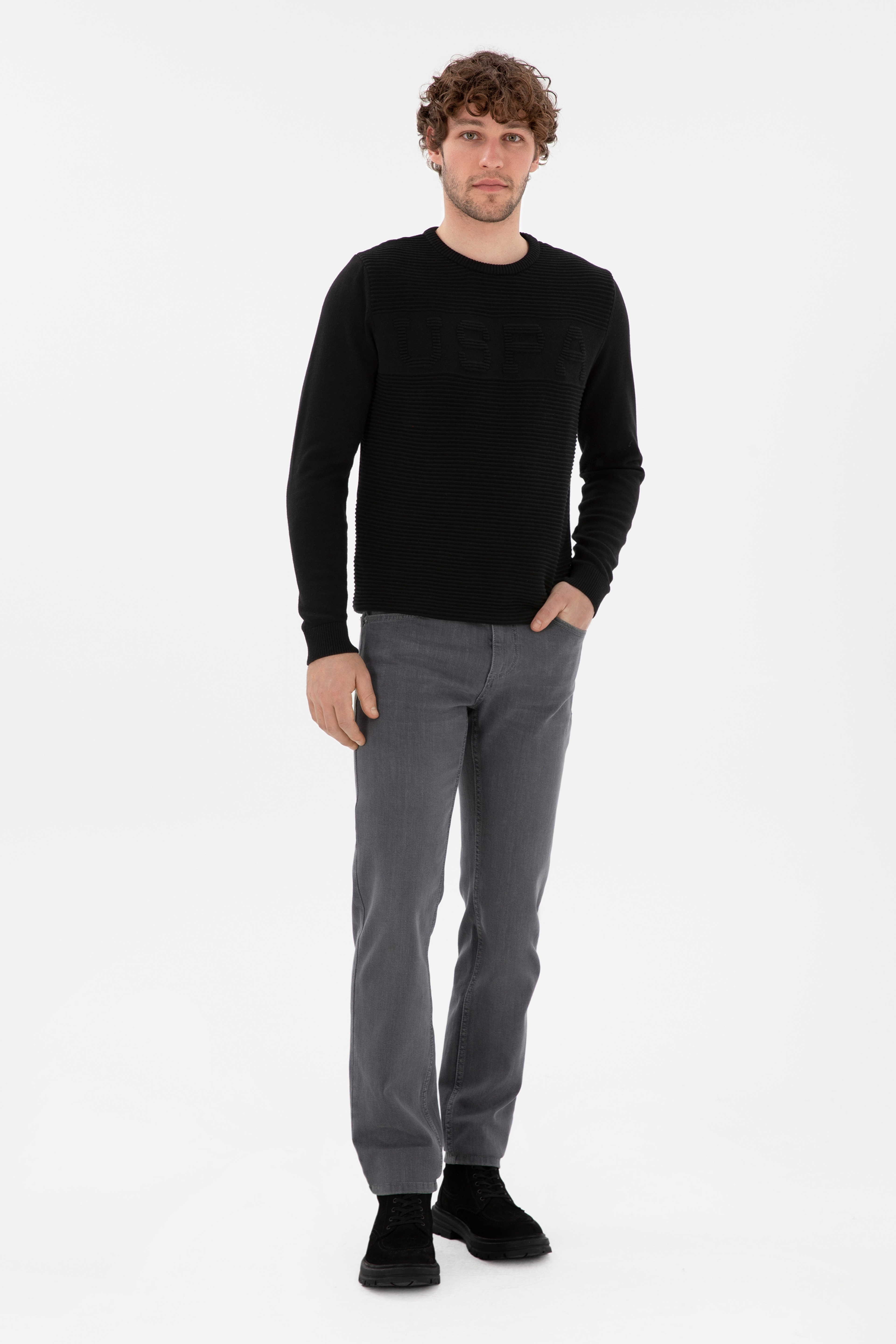 Erkek Slim Fit Bisiklet Yaka Siyah Kazak