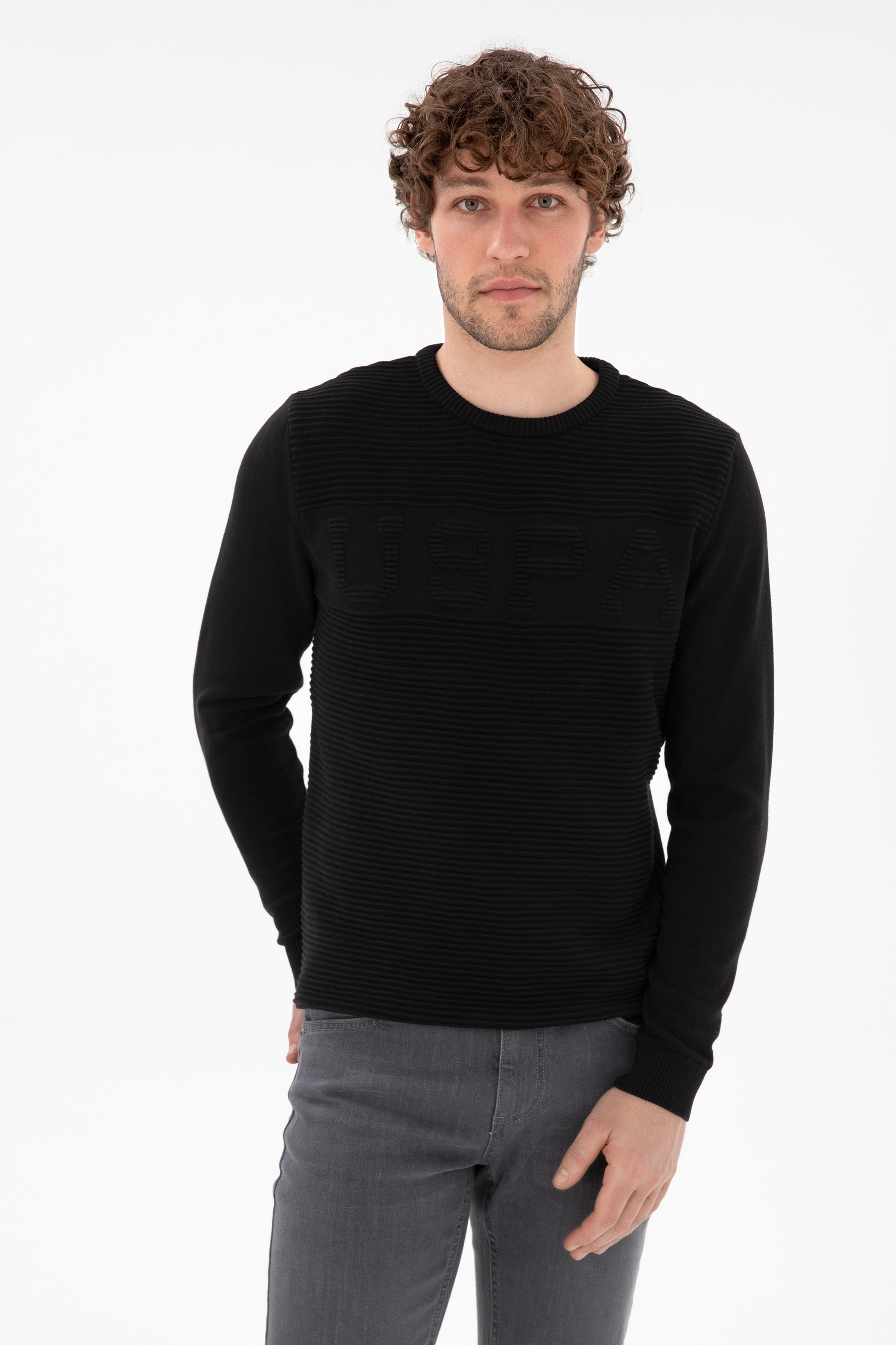 Erkek Slim Fit Bisiklet Yaka Siyah Kazak - Image 1
