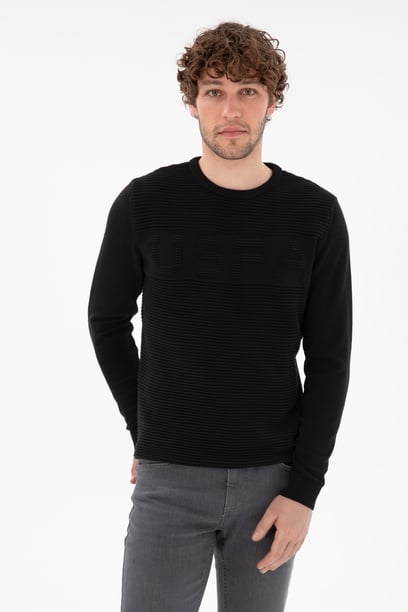 Erkek Slim Fit Bisiklet Yaka Siyah Kazak
