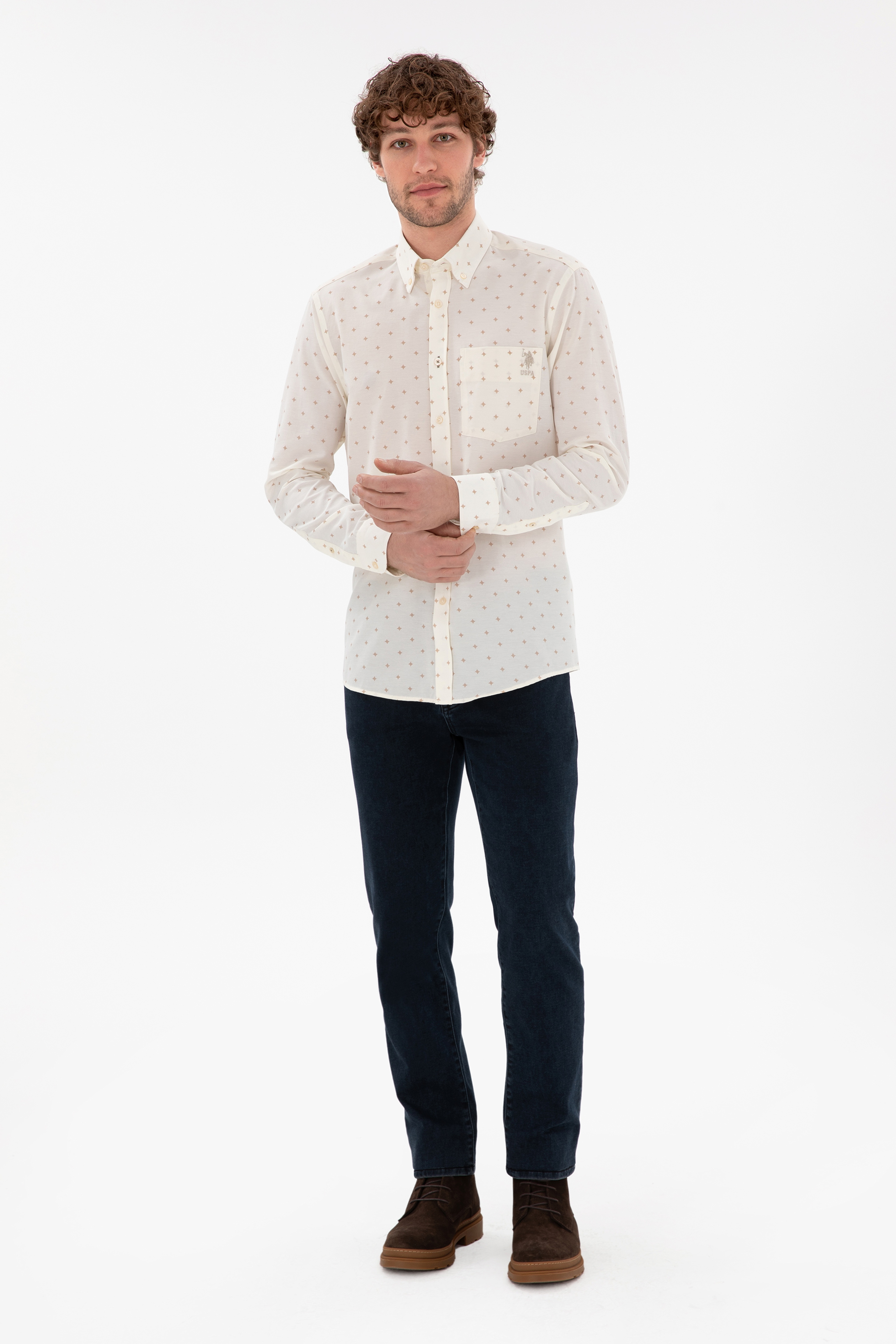 Erkek Krem Regular Fit Cepli Gömlek