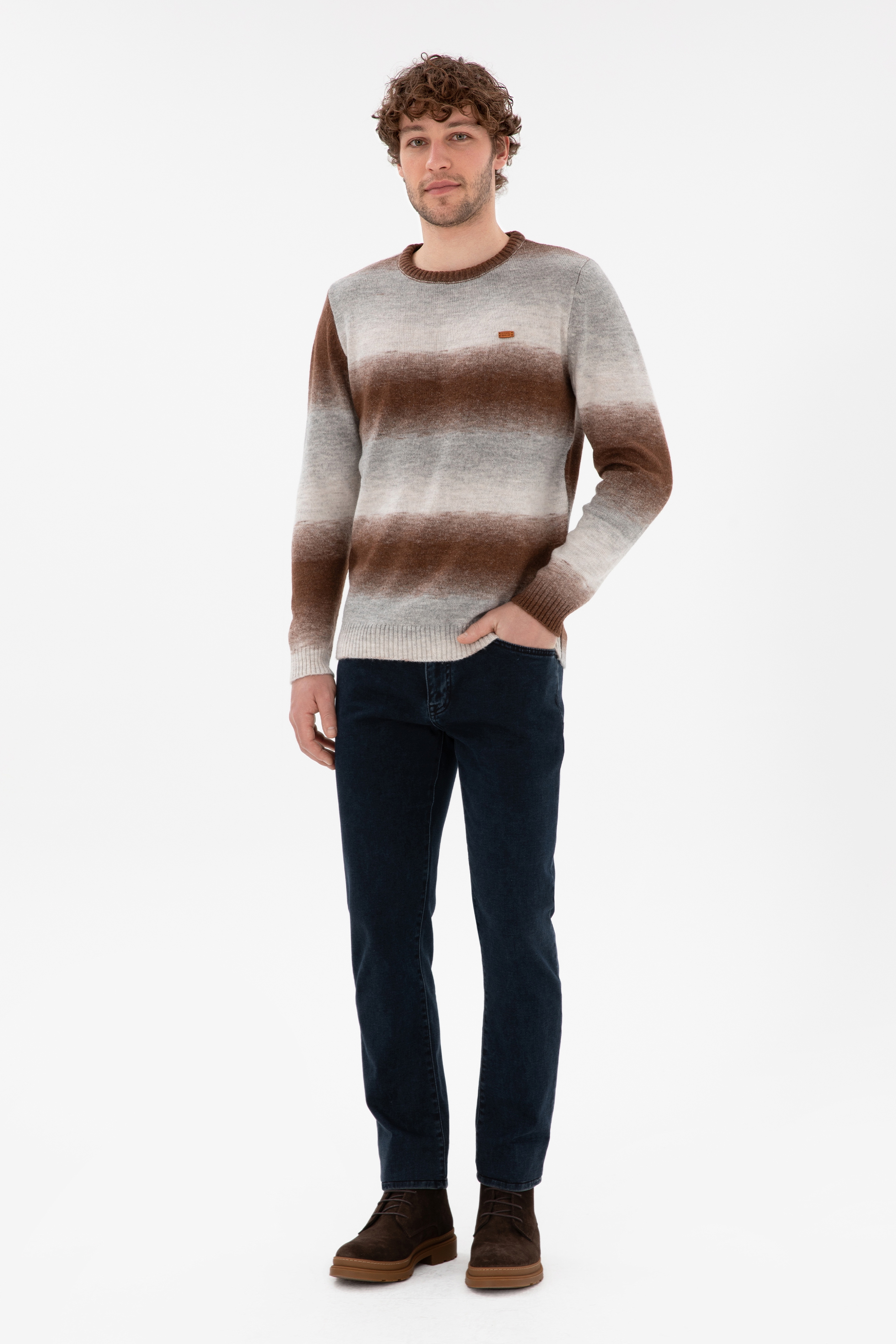 Erkek Slim Fit Bisiklet Yaka Gri Melanj Kazak