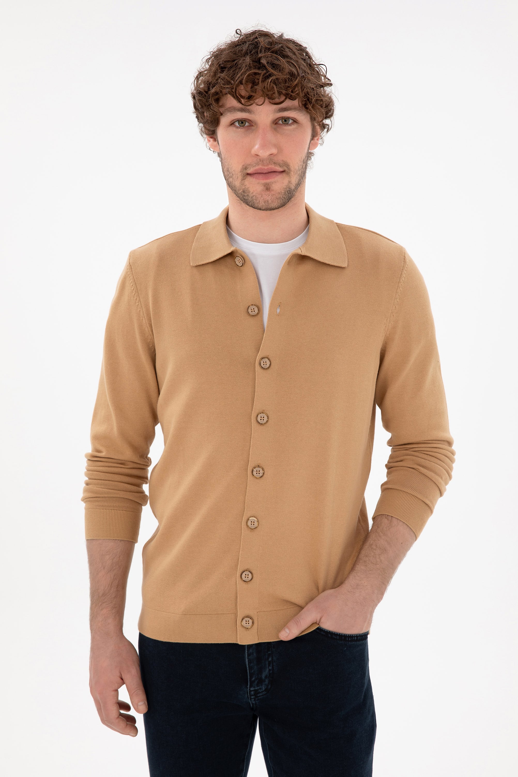 Erkek Camel Basic Triko Hırka - Image 3