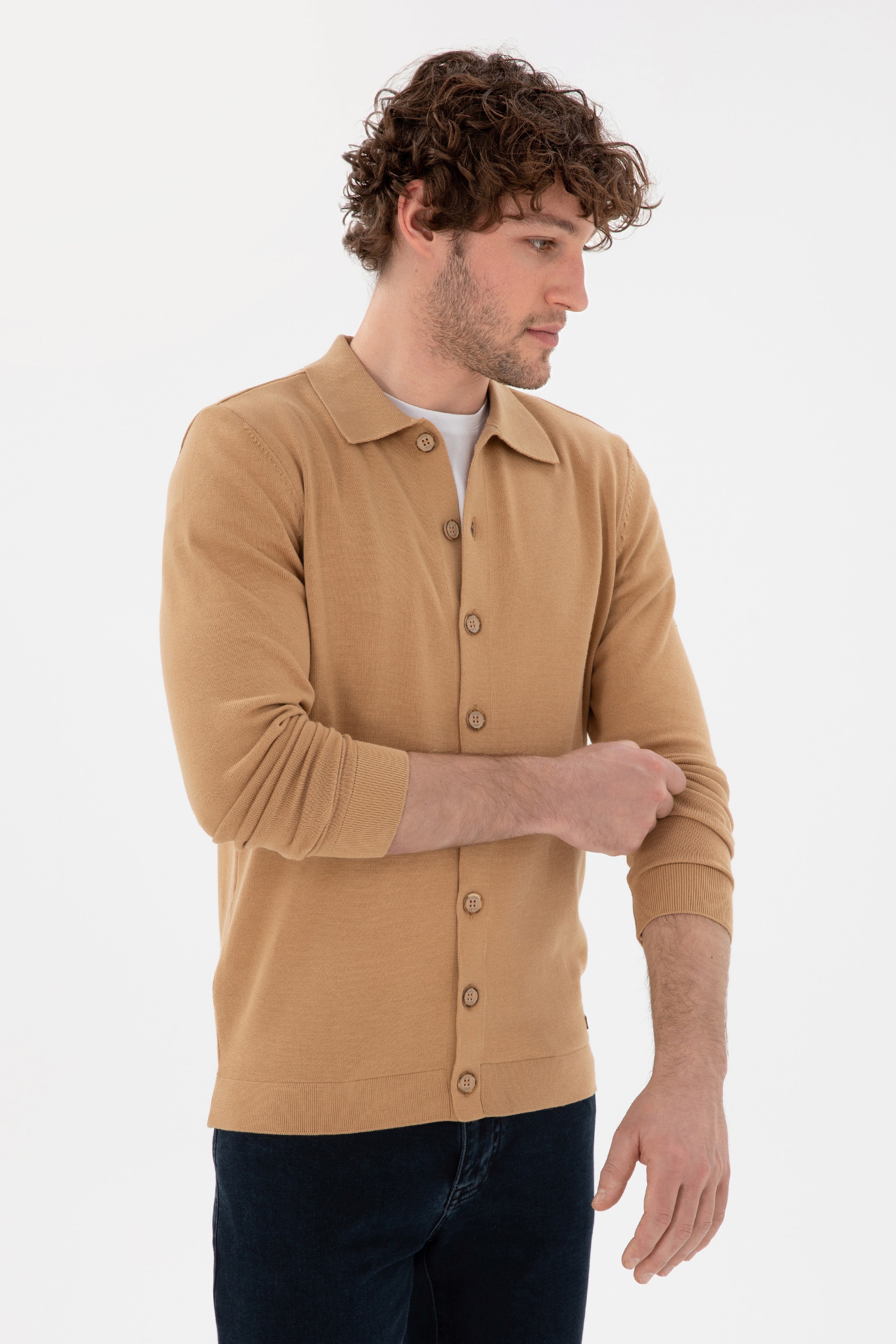 Erkek Camel Basic Triko Hırka - Image 1