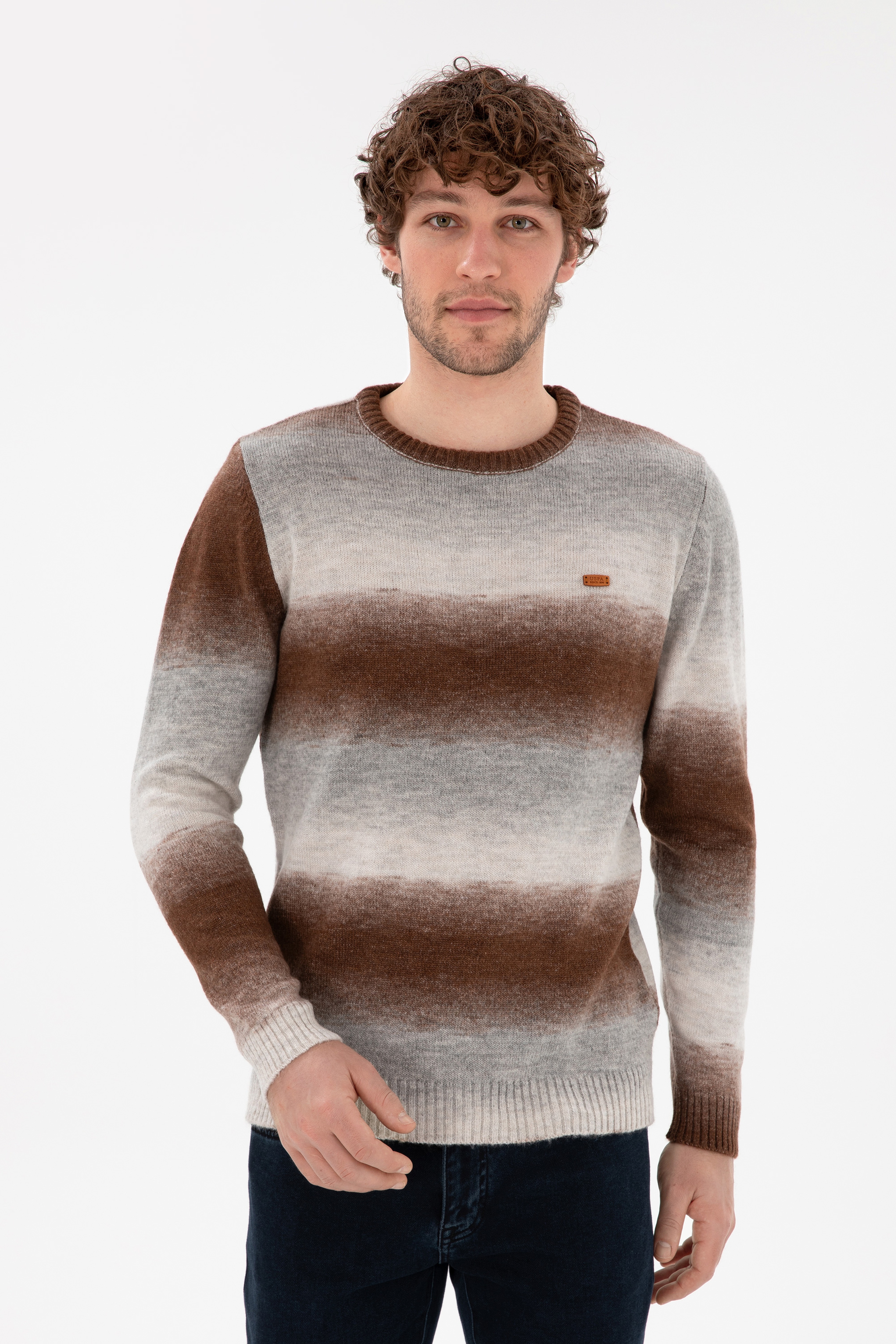 Erkek Slim Fit Bisiklet Yaka Gri Melanj Kazak - Image 1
