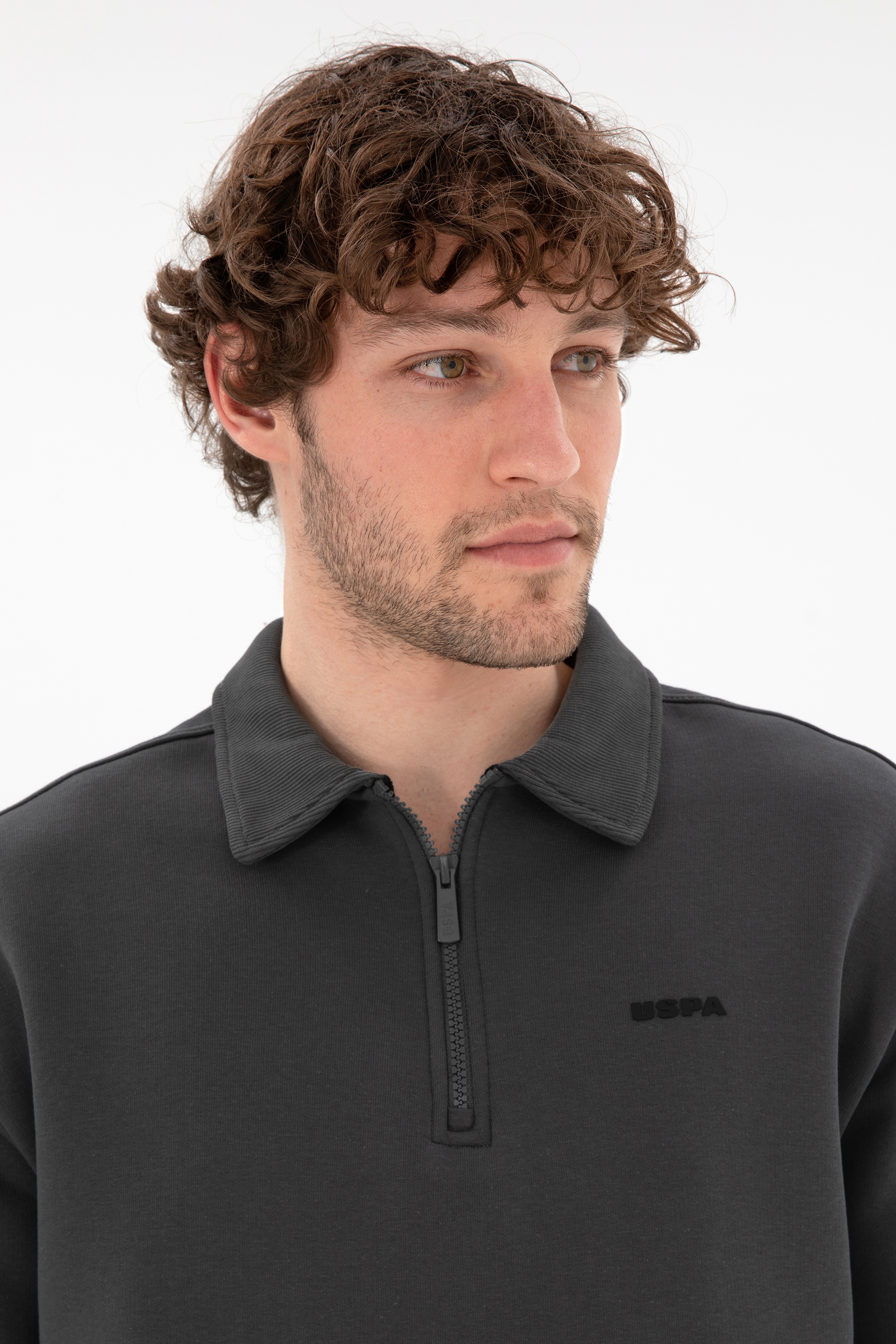 Erkek Comfort Fit Yarım Fermuarlı Antrasit Basic Sweatshirt - Image 2