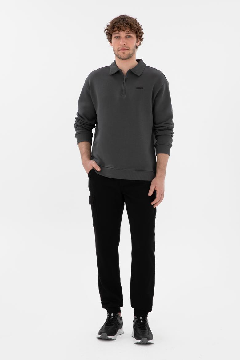 Erkek Comfort Fit Yarım Fermuarlı Antrasit Basic Sweatshirt - 50298265008